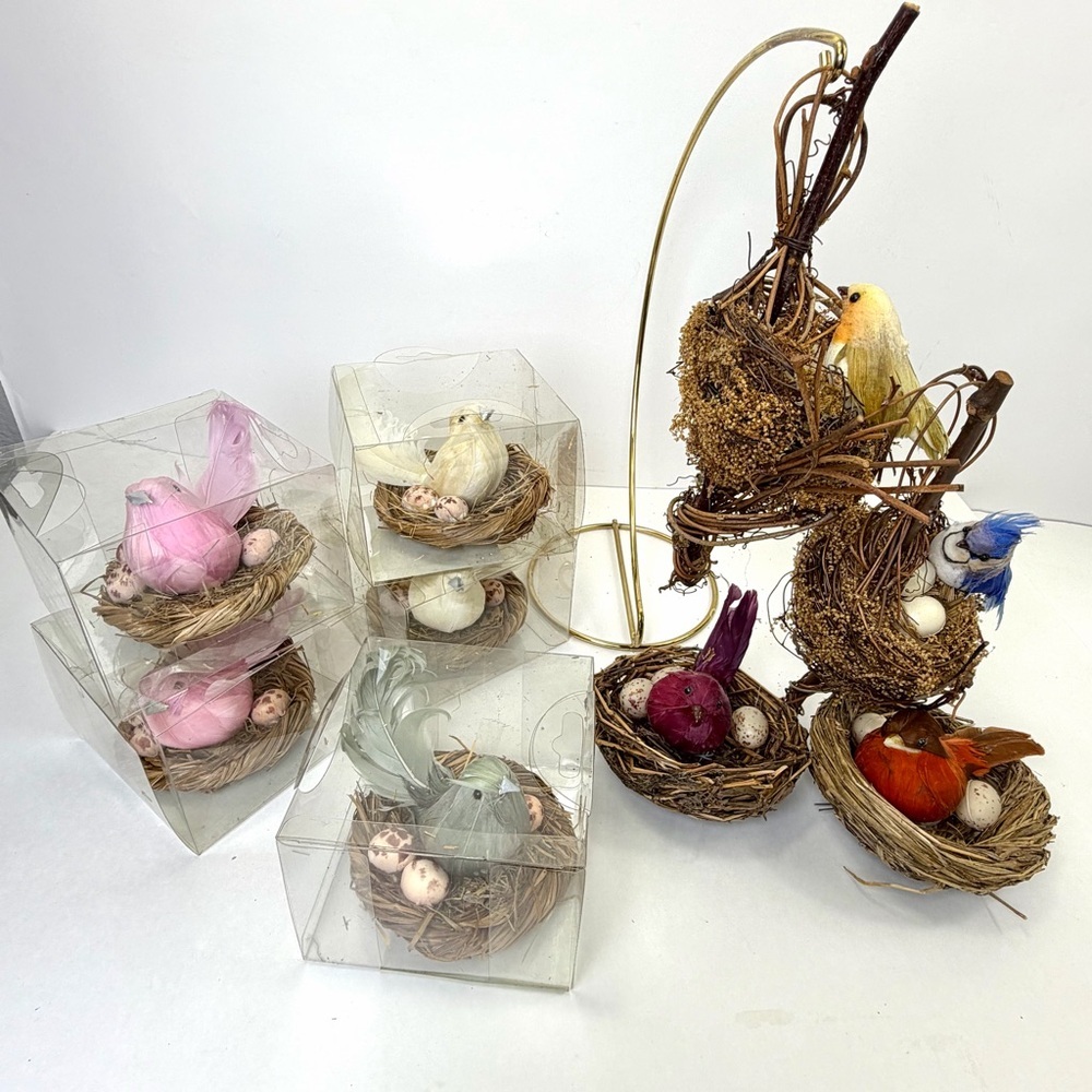 Vintage Easter Feather Birds Nest Set Twig Nest Spring Decor Cottage Lot of 9
